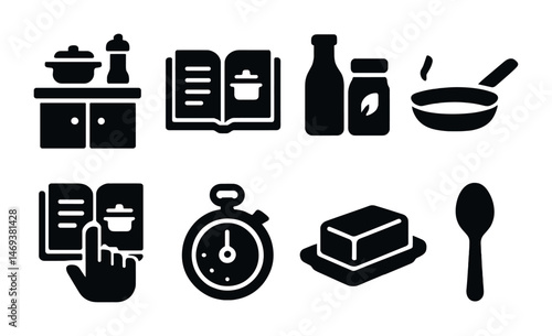 Cooking and kitchen solid icons set – silhouette, filled, culinary and recipe tools