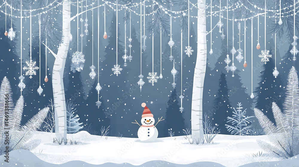 Fototapeta premium Winter Forest Snowman Snowflakes.