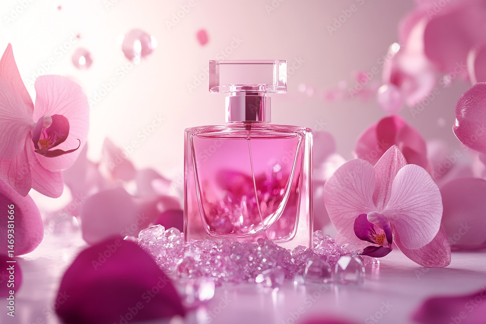 A pink perfume bottle sits among orchids, creating an elegant and luxurious aesthetic. A pink perfume bottle sits among orchids, creating an elegant and luxurious aesthetic.