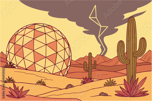 4 Surreal desert landscape, giant geometric sphere, colorful faceted orb, vibrant flowering cacti, dramatic stormy sky, lightning bolt, golden hour lighting, digital art, dreamlike atmosphere, hyper-r