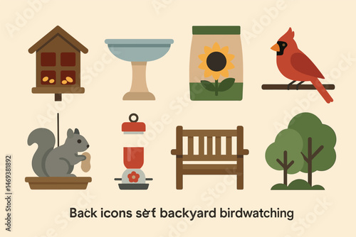 Backyard birdwatching icons set: flat, filled, nature and wildlife symbols