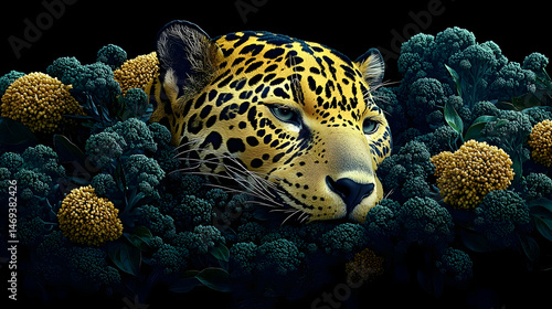 Jaguar Portrait Amidst Teal And Gold Plants