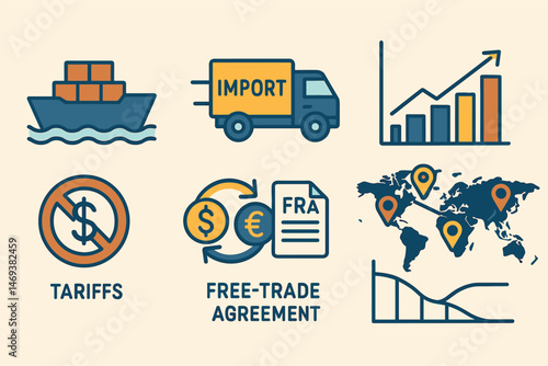 International trade and economy icon set – filled, solid, commerce symbols