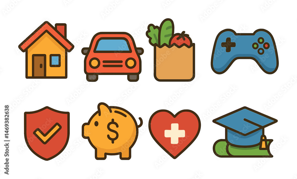 Fototapeta premium Daily life flat icons set – essentials, activities, and everyday symbols