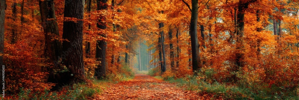 Bright Autumn Leaves Line a Tranquil Forest Path Inviting Exploration Amid Vibrant Colors Generative AI