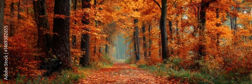 Obraz na płótnie Bright Autumn Leaves Line a Tranquil Forest Path Inviting Exploration Amid Vibrant Colors Generative AI w salonie