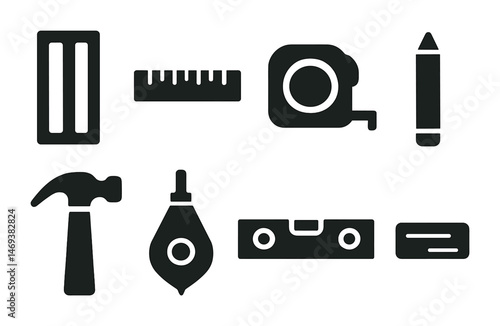 Construction tools solid icons set – flat, filled, building and repair symbols