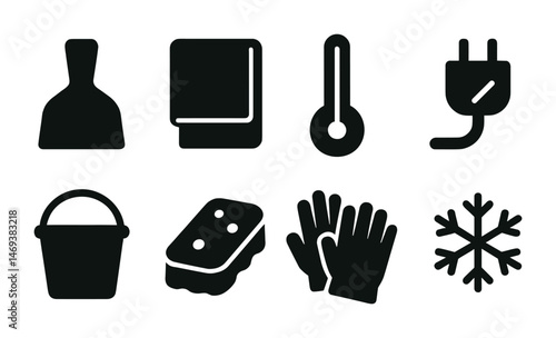 Winter cleaning solid icons set – filled, household, maintenance symbols