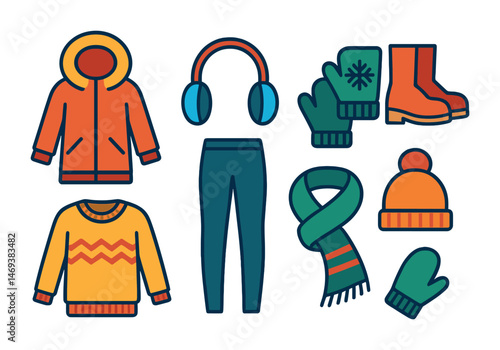 Winter clothing flat icons set – cozy, warm, seasonal attire graphics