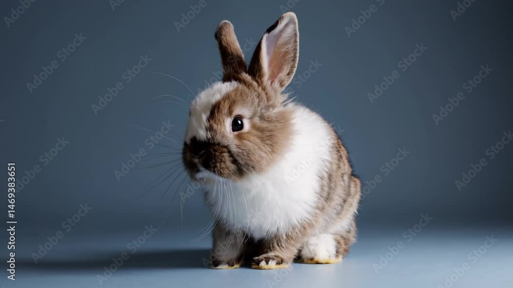 Curious rabbit turns playfully on blue background with animated movements Curious rabbit turns playfully on blue background with animated movements