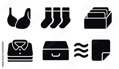 Laundry and clothing solid icons set – wardrobe, cleaning, apparel symbols