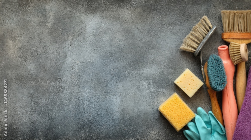 Cleaning Tools Arranged on Faded Urban Background for Home Maintenance Tasks and Decluttering Efforts Generative AI