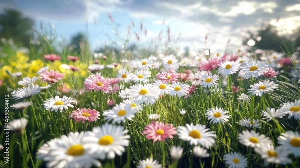 Fototapeta premium A side view of small daisies showcasing their assorted colors.