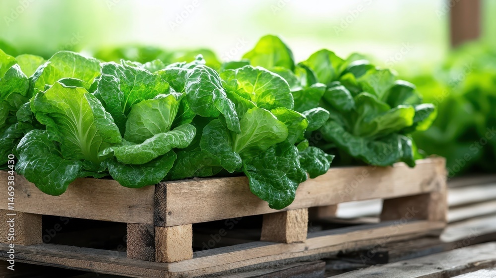 A vibrant display of fresh romaine lettuce growing in a wooden pallet, showcasing its crisp green leaves under natural light and emphasizing healthy eating and gardening. A vibrant display of fresh romaine lettuce growing in a wooden pallet, showcasing its crisp green leaves under natural light and emphasizing healthy eating and gardening.