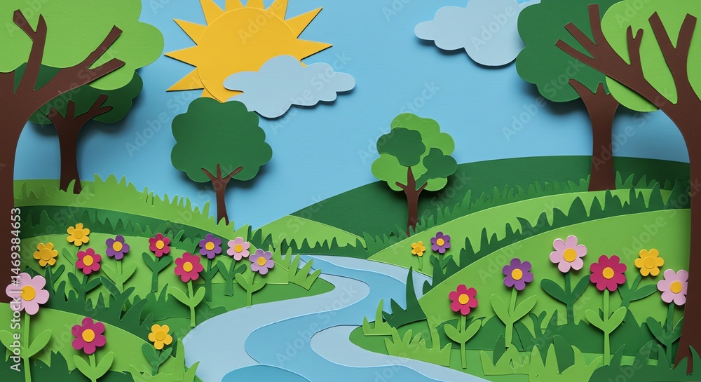 Obraz premium Paper cut landscape with trees and river