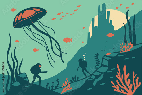 5 Underwater sci-fi landscape, alien ocean world, bioluminescent creatures, glowing red eyes, submerged ruins, ancient technology, deep sea trenches, floating rock formations, mysterious silhouettes, 