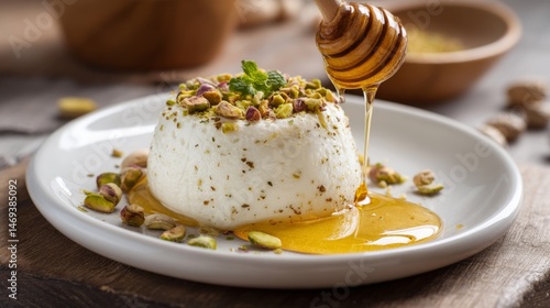 A beautiful close-up of a dessert topped with pistachios and drizzled with golden honey on a white plate.