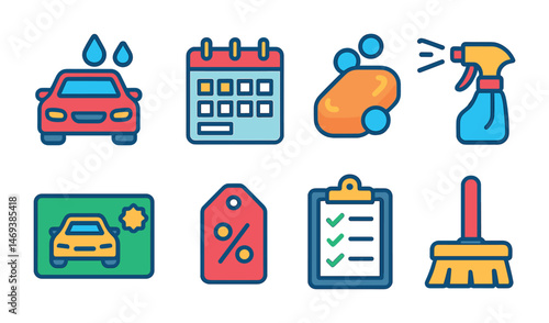 Car maintenance flat icons set – cleaning, tools, auto care symbols