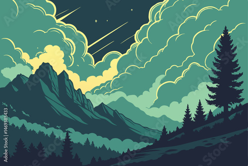 6 Dramatic stormy sky, vibrant turquoise and teal clouds, golden light breaking through, mountainous landscape, dark silhouettes, moody atmosphere, oil painting style, high contrast, ethereal glow, fa