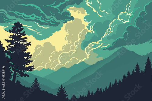 6 Dramatic stormy sky, vibrant turquoise and teal clouds, golden light breaking through, mountainous landscape, dark silhouettes, moody atmosphere, oil painting style, high contrast, ethereal glow, fa