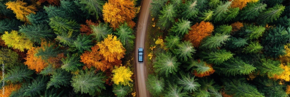 Car Drives Through Vibrant Autumn Forest Captured From Drone Perspective Showcasing Colorful Foliage and Winding Path Generative AI