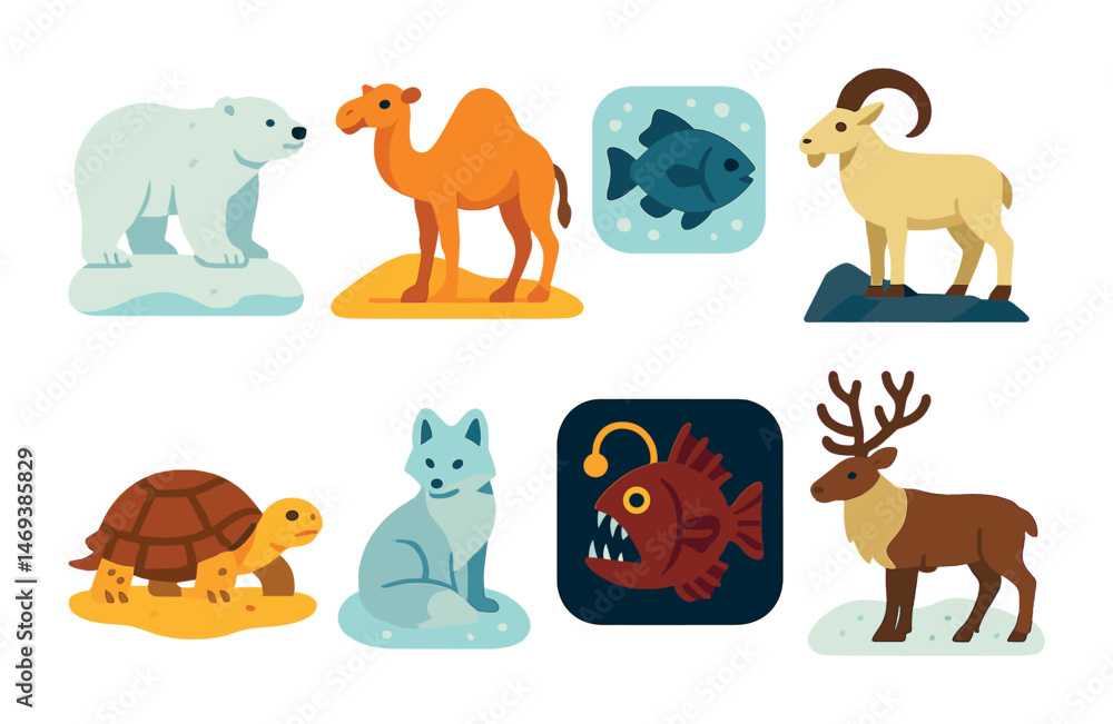 Obraz premium Arctic and desert animals icons set – flat, silhouette wildlife and nature symbols
