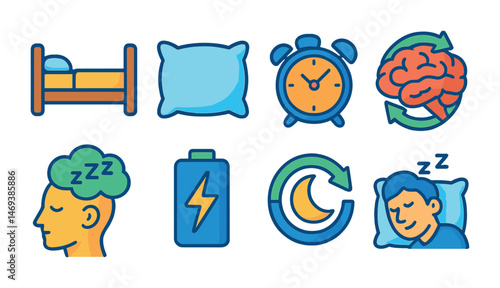 Sleeping and dreams icons set – flat, outline, rest and relaxation symbols