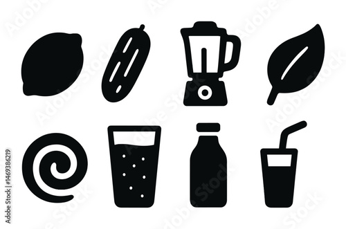 Healthy food and drink solid icons set – filled, nutrition, fresh symbols