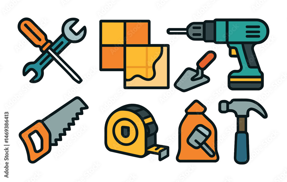 Fototapeta premium Home improvement tools icons set – flat, filled, diy and construction symbols