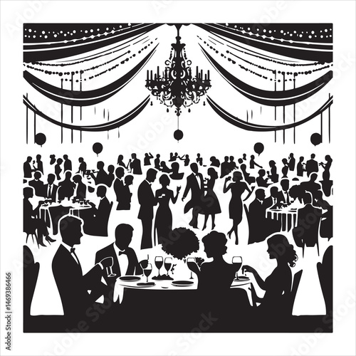 Celebratory Wedding Banquet Silhouettes Guests Eating and Mingling  , black colour vactor 