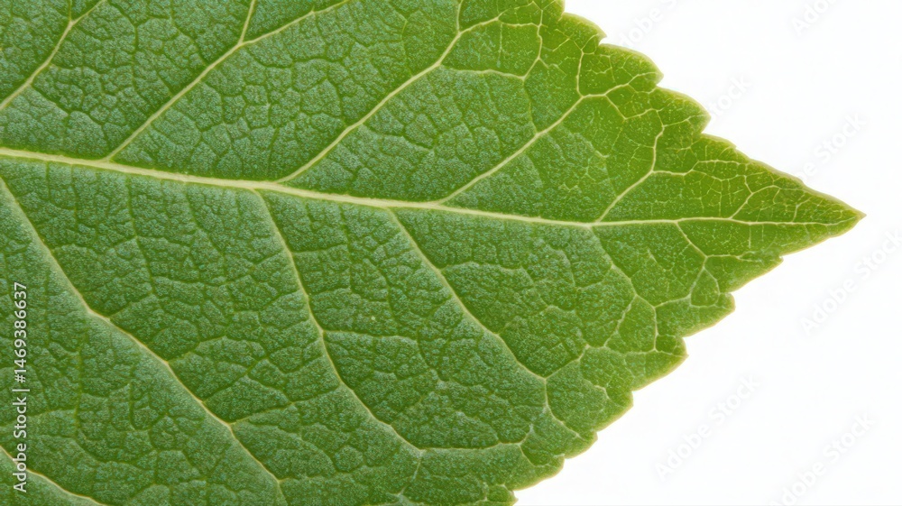 Detailed Macro Shot of a Fresh Green Leaf Against White Backdrop Showcasing Veins Texture and Vibrant Color in Natural Light Detailed Macro Shot of a Fresh Green Leaf Against White Backdrop Showcasing Veins Texture and Vibrant Color in Natural Light