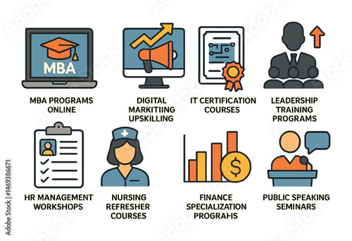 Education and career filled icons set – solid, training, professional development symbols
