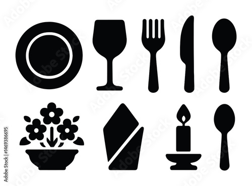Dining and kitchen solid icons set – filled, flat, cooking and tableware elements