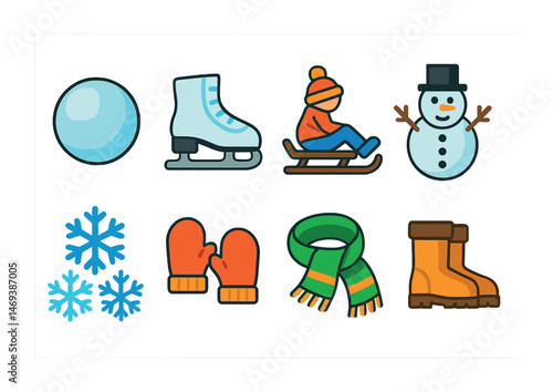 Winter and snow activities icons set – flat, solid, seasonal symbols