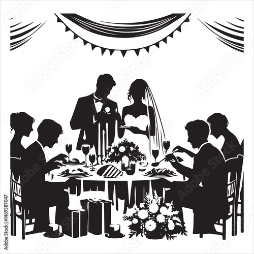 Celebratory Wedding Banquet Silhouettes Guests Eating and Mingling  , black colour vactor 