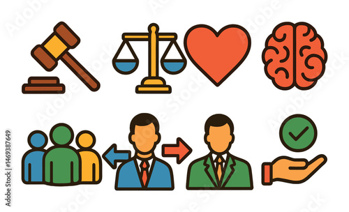 Law and justice icons set – flat, filled, legal and court symbols
