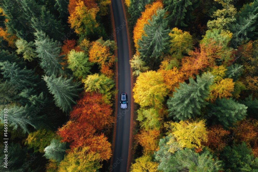 Car Driving Through Vibrant Autumn Forest Captured From a Drone Perspective Generative AI