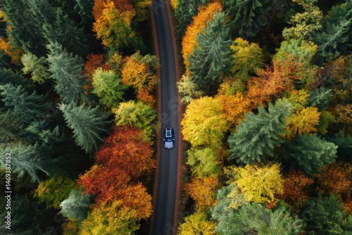 Car Driving Through Vibrant Autumn Forest Captured From a Drone Perspective Generative AI
