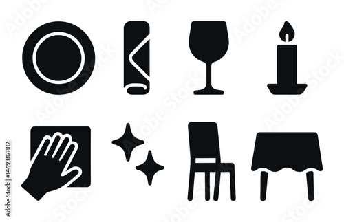 Dining essentials icons for table setting and cleaning concepts