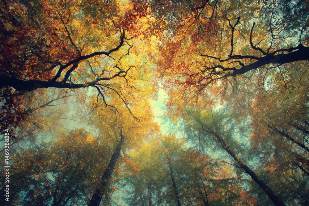 Forest Canopy Showcasing Warm Autumn Hues With Light Filtering Through Branches on a Tranquil Day Generative AI