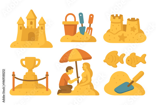 Beach and sandcastle icons set – flat, summer, vacation and seaside symbols