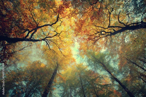 Obraz na płótnie Forest Canopy Showcasing Warm Autumn Hues With Light Filtering Through Branches on a Tranquil Day Generative AI w salonie