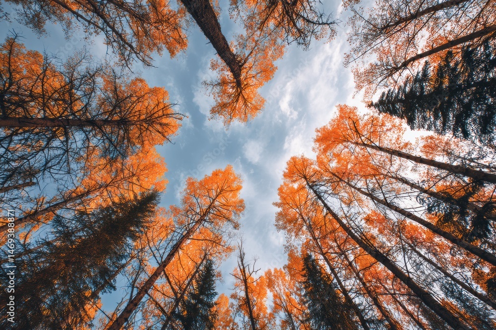 Clouds Hover Above Vibrant Orange Treetops in a Tranquil Forest During Autumn Generative AI