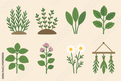 Herbal flat icons set – gardening, plants, natural remedies symbols
