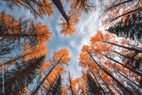 Obraz na płótnie Clouds Hover Above Vibrant Orange Treetops in a Tranquil Forest During Autumn Generative AI w salonie