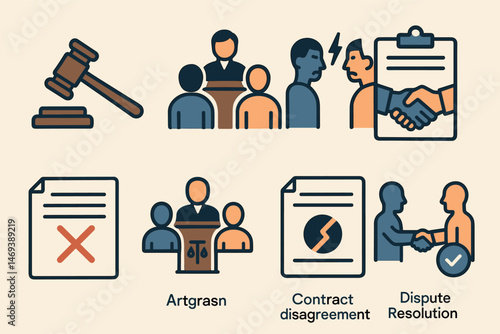 Legal and justice outline icons set – flat, linear, court and law enforcement symbols