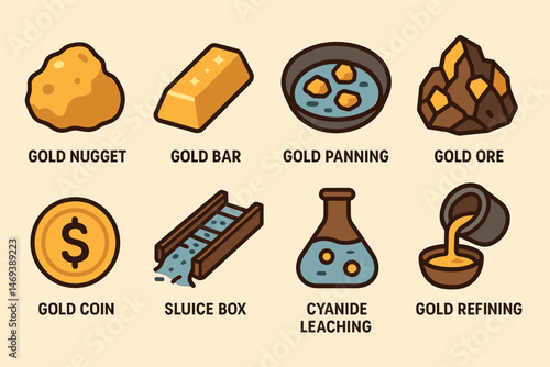 Gold mining flat icons set – silhouette, solid, extraction and refining symbols