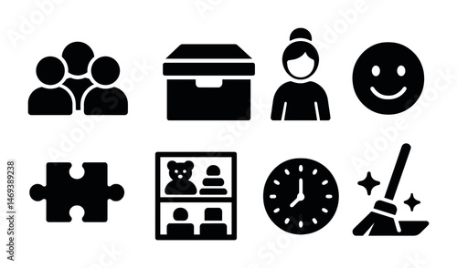 Daily activities solid icons set – filled, silhouette, lifestyle and work symbols