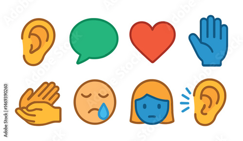 Communication and emotion icons set - flat, outline, gesture and empathy symbols