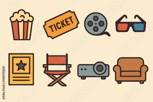 Cinema and movies flat icons set – outline, filled, entertainment and film symbols